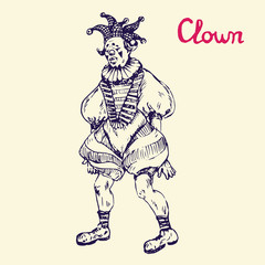 The clown is standing in jester hat, hand drawn doodle, sketch in pop art style, simple drawing, vector illustration