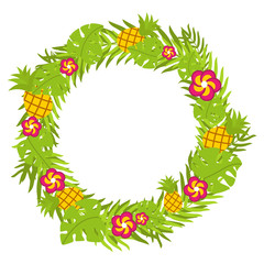 Tropical floral circle with pineapple and red blossoms vector isolated
