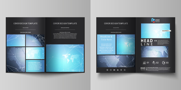 The black colored vector illustration of the editable layout of two A4 format modern covers design templates for brochure, flyer, booklet. Abstract global design. Chemistry pattern, molecule structure
