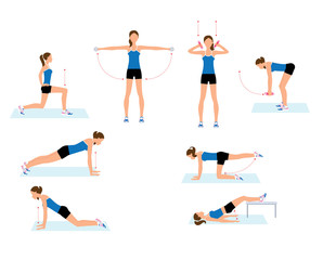 Fototapeta na wymiar Young woman doing fitness exercises workout. Set of the vector illustration. 