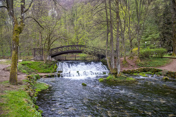 Wooden bridge with waterfall in nature park Vrelo Bosne