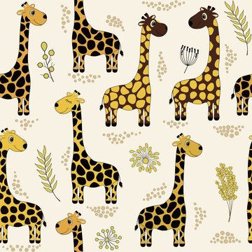 Seamless pattern with cute cartoon giraffes