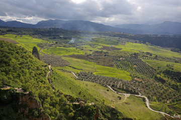 beautiful valley landscape seen from Puente Nuevo, Ronda, Andalusia, Spain