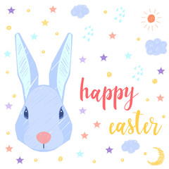 Happy easter greeting. Handwritten easter quote and hand drawn rabbit