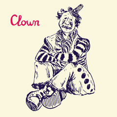 The clown is sitting and smiling in funny costume, hand drawn doodle, simple lines sketch in pop art style, vector