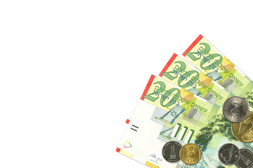some israeli new shekel bank notes and coins