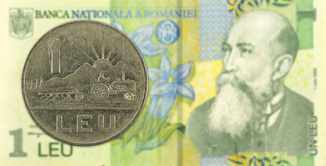 Fototapeta na wymiar 1 lev coin against 1 romanian leu bank note obverse