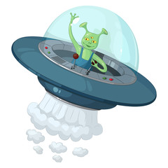 Зеленый трехглазый инопланетянин в летающей тарелке с прозрачным куполом держит рычаг управления и приветственно машет рукой, на белом 

фоне
