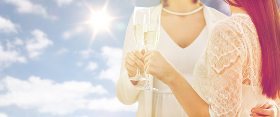 close up of lesbian couple with champagne glasses