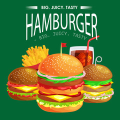 Set of tasty burgers grilled beef and fresh vegetables dressed with sauce bun for snack, american hamburger fast food meal French fries with cold soda brown ice drink vecor illustration background