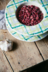 Handmade pottery with checked pattern. Still life, rustic consept with copy space