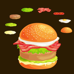 Set of burger grilled beef vegetables dressed with sauce bun snack, hamburger fast food meal menu barbecue meat with detailed individual flying slices menu ingredients vecor illustration background