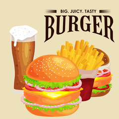 Set of tasty burgers grilled beef and fresh vegetables dressed with sauce bun for snack, american hamburger fast food meal French fries with cold bear brown ice drink vecor illustration background