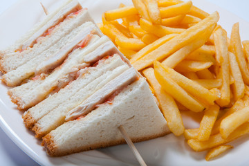 Different types of sandwiches with French fries on a white plate