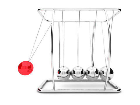 Newtons сradle with one raised red ball. 3D rendering