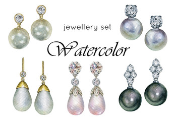 Watercolor illustration earrings with precious stones - pearls, diamonds or crystals. A set of hand-drawn jewelry