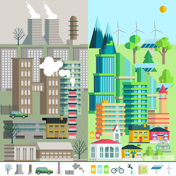  illustration of urban landscape, environment, ecology, elements of infographics. May be used for the background, layout, banner, web design template.