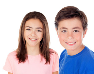 Two preteenagers looking at camera