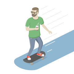 Hipster with beard and modern hairstyle. Man with takeaway coffee riding skateboard. Isometric view. Vector flat illustration.