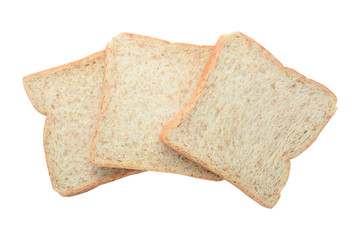 Three fresh whole wheat bread slices isolated on white background