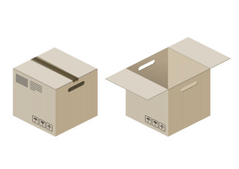 Closed and open boxes isolated on white background. Isometric delivery cardboard boxes. Vector Illustration.