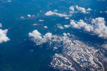 Snow-covered mountains of the plane in Montenegro