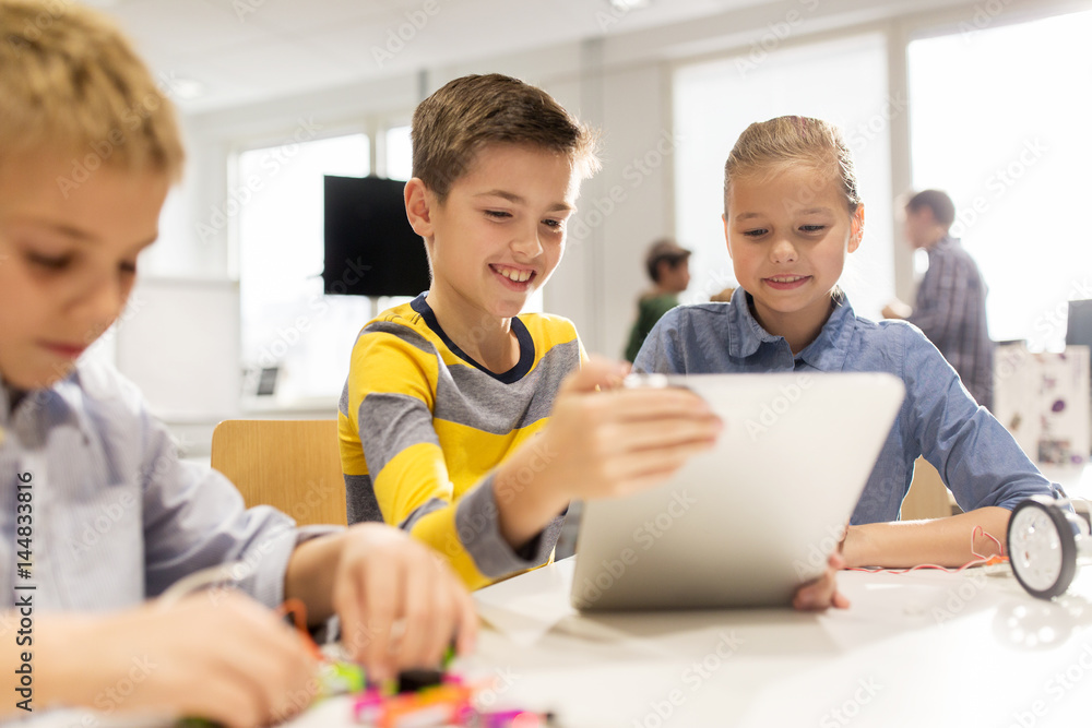 Wall mural kids with tablet pc programming at robotics school