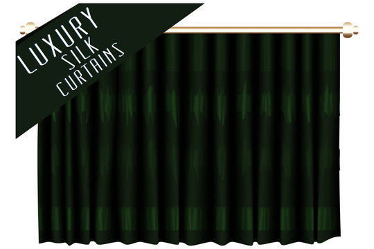 Green Silk curtains. Vector illustration. 