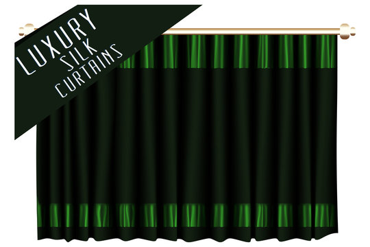 Green Silk curtains. Vector illustration. 