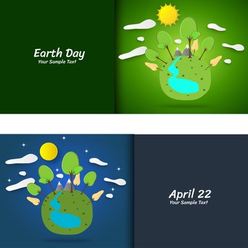Earth day concept. with Green Eco Earth and Trees, Mountain, river. Vector illustration.