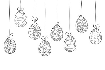 Hand drawn easter card of hanging eggs. Doodle style
