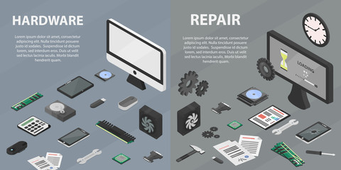 Vector set of isometric banners of computer market for websites. Concept of repair, data protection and installation hardware. Collection of electronics elements and equipment in isometric design.