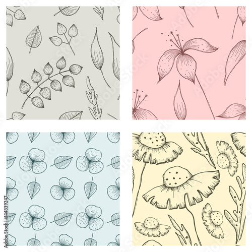 Set Of Vector Illustrations Of Flowers Seamless Backgrounds With
