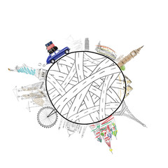 Around the world. Blue retro toy car with travel cases driving by famous monuments on cartoon planet.