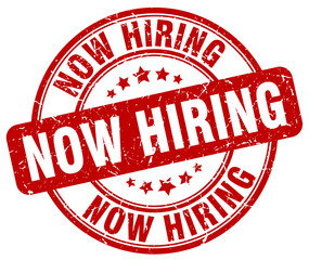 now hiring red grunge round vintage rubber stamp