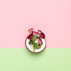 Top view of half a coconut filled with flowers.  Stylish minimal concept on a pastel pink and green background. 