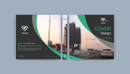 Brochure template. Book cover design. Title sheet. Abstract composition with images. Dark gray, green geometric shapes. Interesting vector illustration. Minimalistic. Creative. Modern.