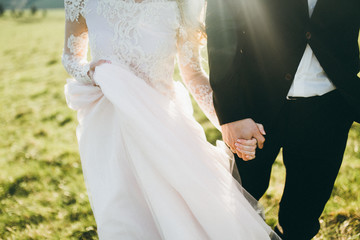 Beautiful bride and groom at the mountains