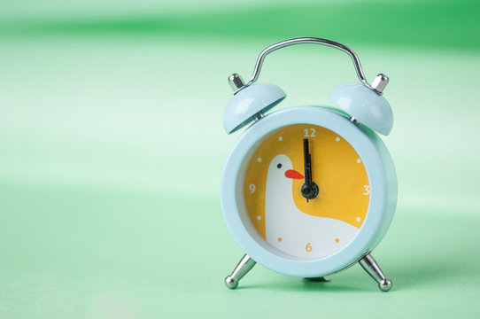 blue clock with a bird pattern on a green blurred background