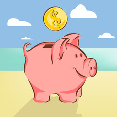 2019 year symbol piggy with dollar on beach vector illustration