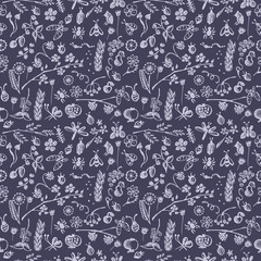 Seamless vector pattern, background with hand drawn cute insects, animals, fruits, flowers, leaves, decorative elements Hand sketch line drawing. doodle style Series of Hand Drawn seamless Patterns.