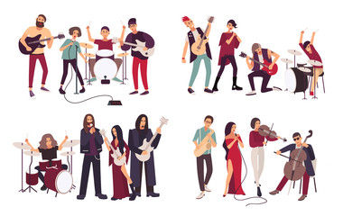 Different musical bands. Indie, metal, punk rock, jazz, cabaret. Young artists, musicians singing and playing music instruments. Colorful flat illustration set. - obrazy, fototapety, plakaty