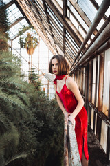 Woman in red dress with makeup standing at old greenhouse