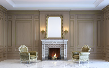 A classic interior with wood paneling and fireplace. 3d render.