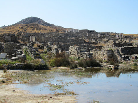 View of Delos island: the most big archaeological site of Cyclades archipelago. Greece.
