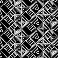 Seamless vector pattern. Black and white geometrical background with hand drawn decorative tribal elements. Print with ethnic, folk, traditional motifs. Graphic vector illustration.