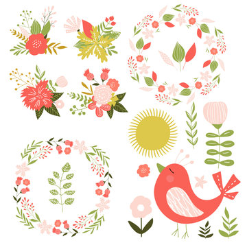 Set with bird, flowers and wreaths. Han drawn illustration. Vector.