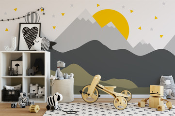 mock up wall in child room interior. Interior scandinavian style. 3d rendering, 3d illustration