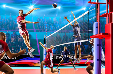Professional volleyball players in action on the grand court