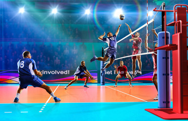 Professional volleyball players in action on the grand court
